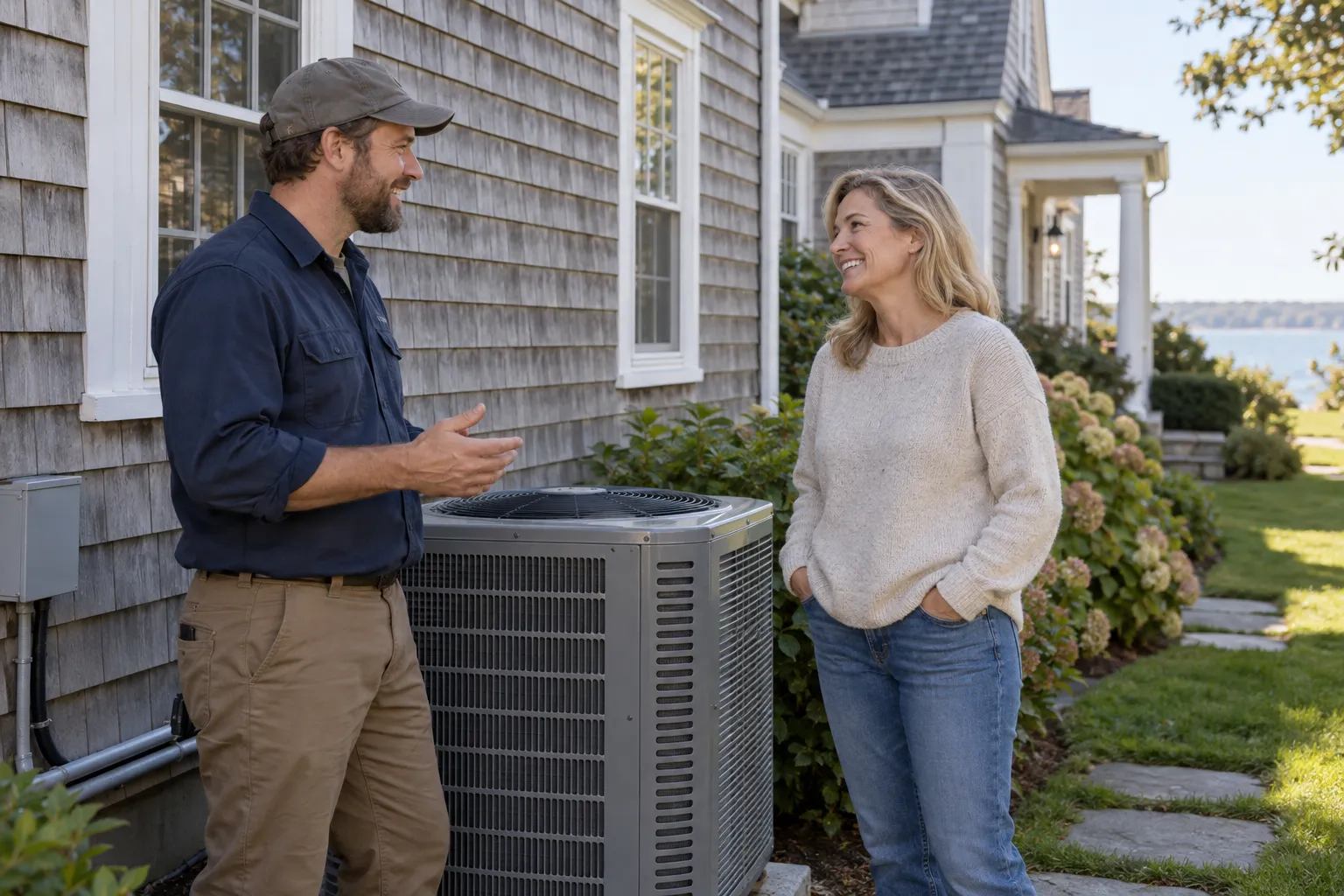 Friendly HVAC provider talking with a homeowner beside an older house in Springfield